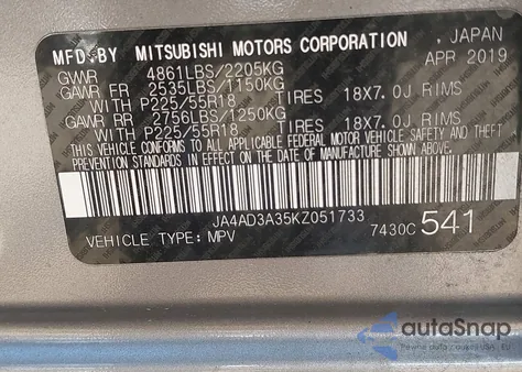 2019 Mitsubishi Outlander Se z USA, uszkodzony, nr VIN JA4AD3A35KZ051733